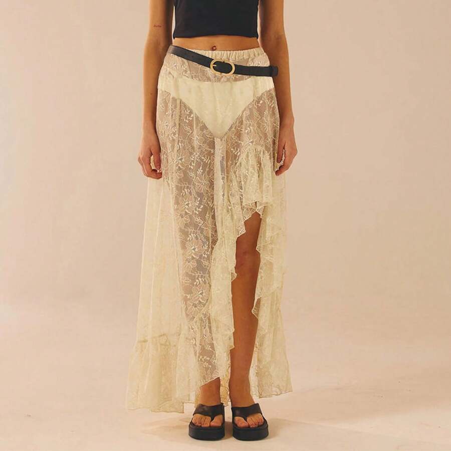 Women's Flowy Asymmetrical Lace Skirts, Vintage High Waist Long Ruffle Skirts, Aesthetic Sheer Elastic Below Knee Skirts For Women - 米色 - 查看 1