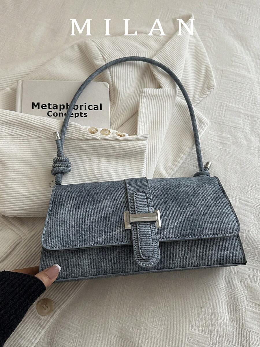 Fashionable Denim Texture Solid Color Asymmetrical Flap Vintage Minimalist Elegant Shoulder Bag - Dark Wash - View 1