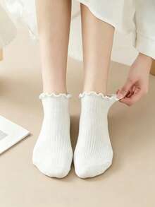 5 pares de calcetines cortos de mujer de color blido con volantes acanalados, transpirables y amigables con la piel, adecuados para el verano, versátiles, de estilo casual, combinables con todo, de tela cómoda, aptos para uso tanto en exteriores como en interiores - Blanco - Ver 5