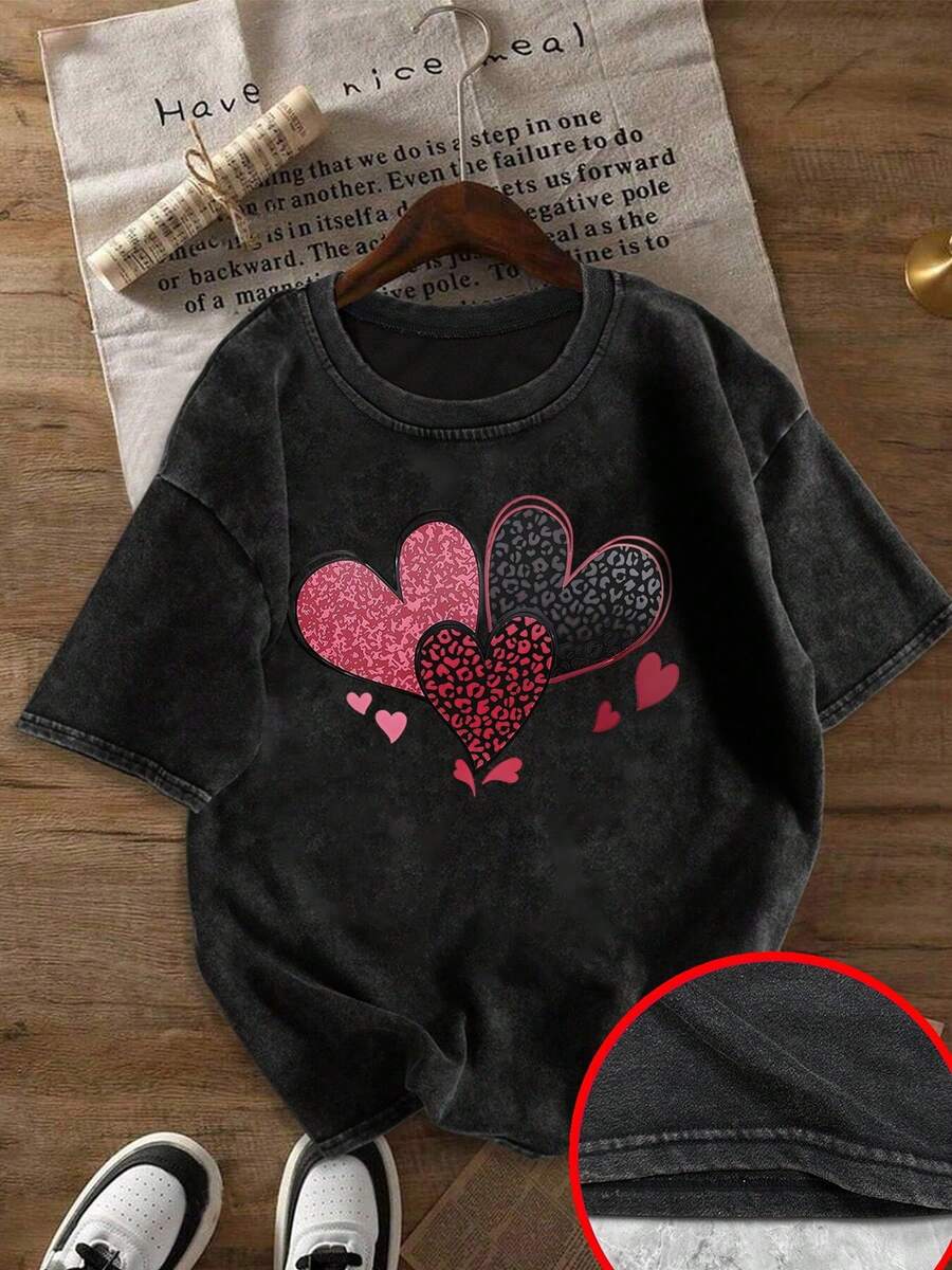 1 pieza[Exclusivo]Ropa de mujer holgada con estampado de corazones para el Día de San Valentín, cuello redondo, manga corta lavada, 100% algodón, 180g. - Negro - Ver 1