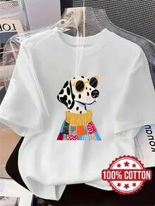TH476 Nueva camiseta para mujer, diseño estampado de dálmata con gafas, camiseta estampada casual de moda, 100% cuello redondo manga corta, absorbente del sudor y transpirable, ropa de estar por casa casual, cómoda, elegante y chic, camiseta de abrigo para primavera, verano, otoño, manga corta - [Blanco] - Ver 1