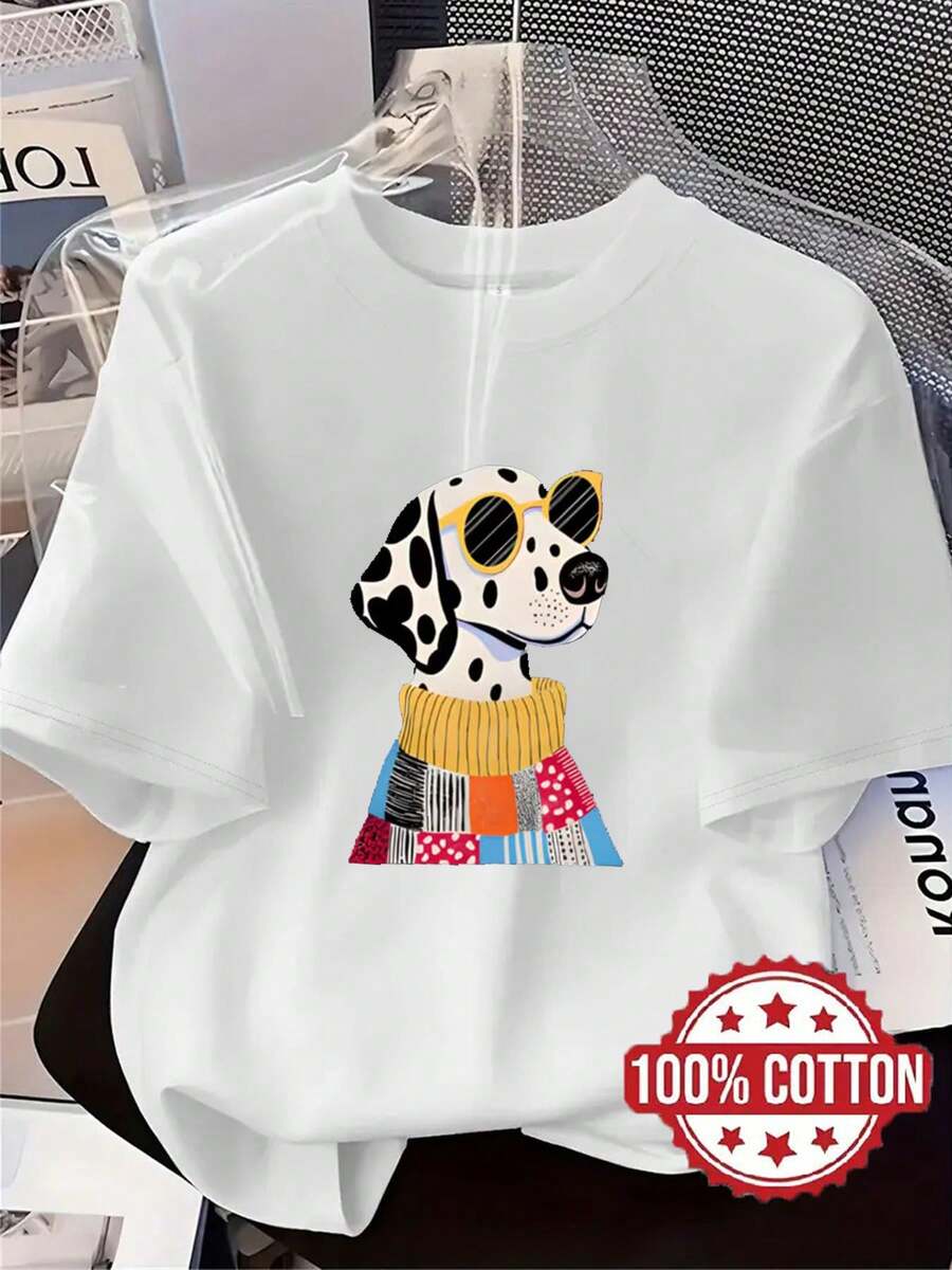 TH476 Nueva camiseta para mujer, diseño estampado de dálmata con gafas, camiseta estampada casual de moda, 100% cuello redondo manga corta, absorbente del sudor y transpirable, ropa de estar por casa casual, cómoda, elegante y chic, camiseta de abrigo para primavera, verano, otoño, manga corta - [Blanco] - Ver 1