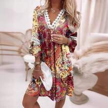 Vestido de mujer colorido con estampado boho, escote en V con volantes, mangas largas elásticas, corte holgado cómodo ideal para primavera y verano, estilo hippie casual perfecto para fiestas, vacaciones en la playa y eventos al aire libre - Burdeos - Ver 10