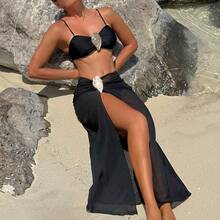 Nuevo bikini de tres piezas sin tirantes con cierre metálico de color sólido. - marrón café - Ver 3