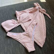 Bikini Sexy de 3 Piezas para Mujer con Top Bandeau y Falda Corta, Estilo Playa y Vacaciones - rosa claro - Ver 12