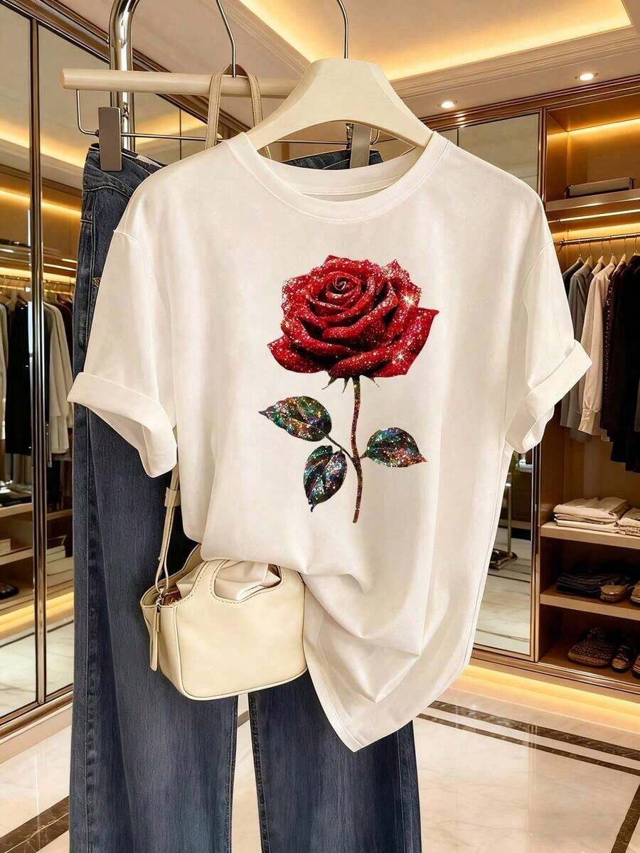 Camisetas de manga corta de talla grande para mujer, ideales para el verano, tops básicos para el día a día, nueva camiseta de manga corta 2026, camiseta romántica con lentejuelas y rosas para el Día de San Valentín 2026, estilo casual, hermosa camiseta versátil para mujer, lavable a máquina, perfecta para regalos, transpirable y cómoda. - Blanco - Ver 1