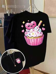 Camiseta de manga corta de talla grande para mujer - Camiseta básica casual de corte holgado, elegantes tops de poliéster, camiseta de manga corta con estampado frontal y trasero - Estampado de moda con diseño de cupcake y corazón rosa - Camiseta estampada de primavera/verano para mujer, artículo de moda transpirable y cómodo. - Negro - Ver 1