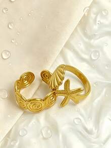 2pcs Titanium Steel Classic Fashion, Luxury, Hip-Hop, Cute, Retro, Minimalist Adjustable Rings, Suitable For Various Outfits, Work, Study, Travel, Carnival, Concerts, Parties, Also Great For Holiday Gifts - Golden-starfish and Conch - View 4