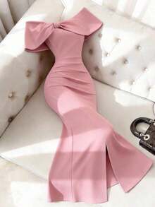 YHHFranclia Vestido largo de verano elegante y de moda con hombros descubiertos, abertura alta, frente plisado sexy, adecuado para fiestas de San Valentín, vestido rojo ajustado, hombros con lazo, vestido con abertura elegante, minimalista y con estilo, para verano, vacaciones, fiestas, playa, oficina y uso diario versátilYHH - Rosa Pálido - Ver 5