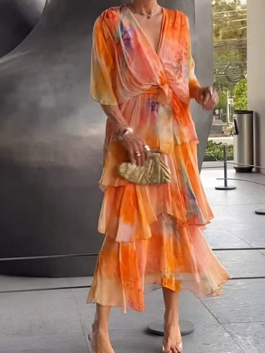 Long Printed Dress With Layers, Elegant Fitted Fashion Style Ideal For Holidays - 橘色 - 查看 1