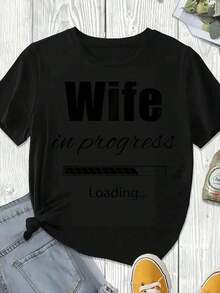 Elegant And Casual Women's Short-Sleeved White T-Shirt With "Wife In Progress" Text Print, Casual Women's Clothing, Summer And Spring Season. - 黑色 - 查看 3