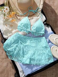 Conjunto de bikini y vestido de playa de tela de encaje color albaricoque dulce para mujer, vacaciones de verano - verde menta - Ver 4