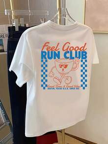 Feel Good Run Club, Club Print T-Shirt, Short Sleeve, Round Neck, Casual Top For Spring And Summer, Women's Clothing - High Quality - 白色 - 查看 3