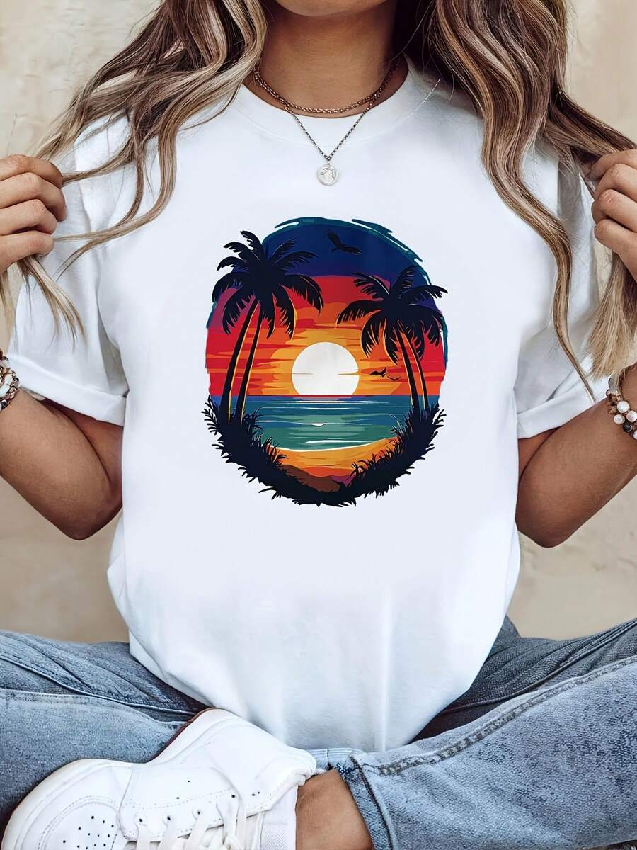 Camiseta vintage, ilustración de palmeras de coco y puesta de sol en la playa, con estampado de diseño creativo que evoca la atmósfera veraniega, camiseta blanca de manga corta y cuello redondo, lavable a máquina, adecuada para fiestas de verano, estilo casual, ajuste cómodo, diseño moderno, versátil para uso diario, tela suave, estilo a la moda, regalo ideal para las vacaciones. - Blanco - Ver 1