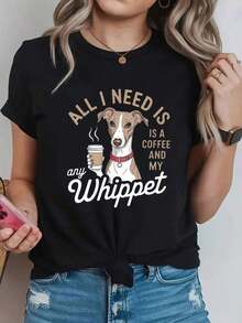 Soft, breathable, and lightweight for all-day comfortA Creative Design Featuring Whippets And Coffee, Expressing Love For Pets And Coffee, Perfect For A Women'S Round-Neck Spring And Summer T-ShirtClassic crew neck with a relaxed fit that flatters all body shapes and easy to pair with jeans, shorts, and leggings. - Negro - Ver 3