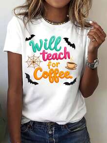 Camiseta casual de mujer estilo Halloween, con estampado de café, cuello redondo, corte holgado y manga corta, adecuada para todas las estaciones, ideal para salidas informales y uso diario ligero y cómodo al aire libre. Camiseta de mujer. - Blanco - Ver 6