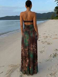 Vestido largo de vacaciones hombros al descubierto con cadena cuello halter cintura marcada y abertura lateral - Verde - Ver 2