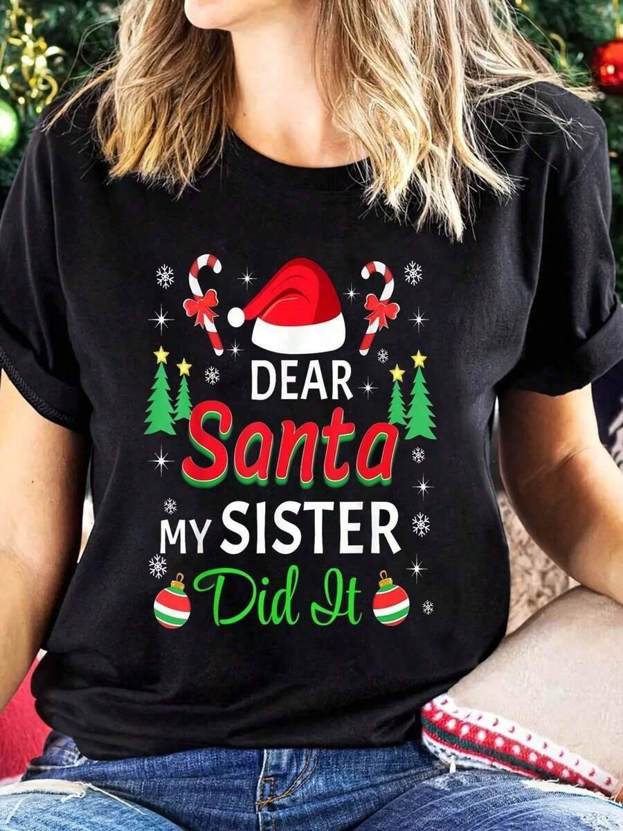 Camiseta Navideña para Mujer - "Querido Santa, Mi Hermana Lo Hizo" - Camiseta Divertida con Gráfico de Gorro de Santa - Cuello Redondo para Fiestas Navideñas y Reuniones Familiares - Camiseta Ligera para Uso Diario - Regalo de Navidad Perfecto para Hermanas - Negro - Ver 1