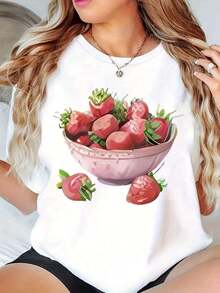 Camiseta Casual para Mujer y Unisex, Suave y Transpirable - Estampado de Frutas (Fresa, Cereza, Uva), Manga Corta, Cuello Redondo, Ligera, Ideal para Verano, Diseño de Frutillas y Bayas, Lavable a Máquina, Blanca, Adecuada para Conjuntos de Playa y Picnics, 100% Algodón, Duradera - Blanco - Ver 7