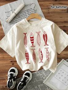 Limited Edition Women's Casual T-Shirt With Unique Fish Print Design - Short Sleeve, Round Neck, Lightweight And Breathable, Perfect For Summer And Spring, White With Red Fish Illustrations, Lightweight Cotton - trắng - Xem 7