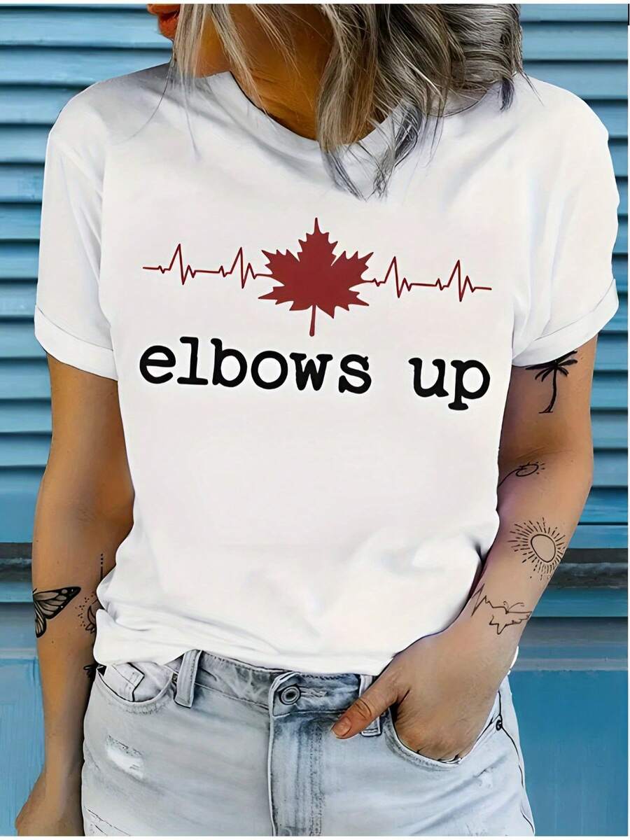 Women's Essential Casual T-Shirt With Canadian Maple Leaf "Elbow Up" Print - 100% Pure Cotton, Loose Fit, Short Sleeves, Machine Washable, Suitable For Spring And Summer, A Great Gift Choice, Breathable Fabric, Comfortable Style. Soft Cotton For Everyday Summer Wear. - 白色 - 查看 1