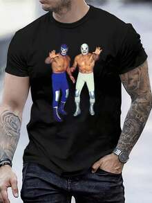 Local Store, Men's Shirts, Men's Clothing, Men's T-Shirts, Men's Shirt, Wrestling T-Shirt 180G White And Black, Wrestler Print, High Quality Print, Crew Neck, Basic Loose Fit, Men And Women, Breathable, Versatile, Machine Washable, Comfortable, Sizes S ~ 3XL, Daily Use, Casual, Sporty, Summer Essential. - 黑色 - 查看 5