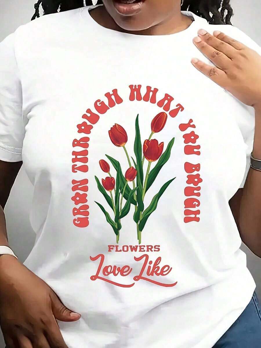 Camiseta de Mujer con Estampado Floral de Amor - Cuello Redondo Casual, con Diseño de Tulipanes y LOVE, Perfecta para Primavera y Otoño, Top Casual con Estampado Floral de Ajuste Cómodo - Blanco - Ver 1