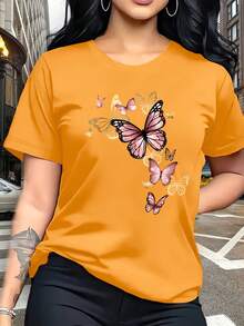 Watercolor Butterfly Print,  Breathable T-Shirt, Perfect For Family Trips, Campus Life, Casual Wear, Daily Commutes, Matching Sister Outfits, Versatile Tee - 黑色 - 查看 9