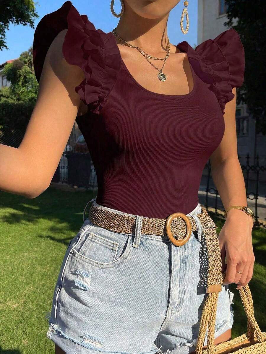 Camiseta de manga corta ajustada con cuello cuadrado de unicolor para mujeres - Burdeos - Ver 1