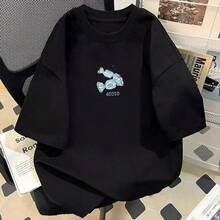 Camiseta de manga corta para mujer, estilo americano, blanca y gris, modelo nuevo 2026, de algodón puro, corte holgado, hombro regular, efecto adelgazante, casual de verano, con estampado y cuello redondo, cómoda y holgada, camiseta de moda. - Negro - Ver 4