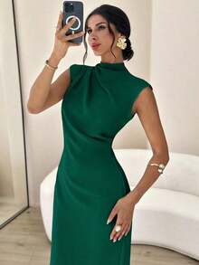 Vestido largo de verano elegante y minimalista para uso diario, viajes y ocasiones casuales, con cuello mao, mangas drapeadas y cintura ceñida, color albaricoque - Verde Oscuro - Ver 9