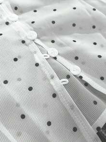 Camiseta de manga corta con botones y estampado de lunares con encaje de contraste para mujer - Blanco - Ver 3