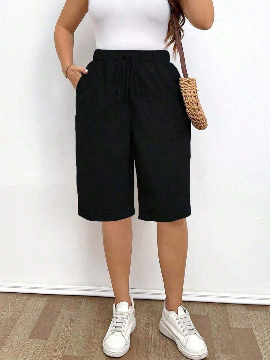 Pantalones cortos holgados de lino de talla grande para mujer, de unicolor, con bolsillo y lazo en la cintura, pantalones cortos anchos y de pierna ancha, pantalones cortos modestos para vacaciones y verano, color negro - Negro - Ver 1