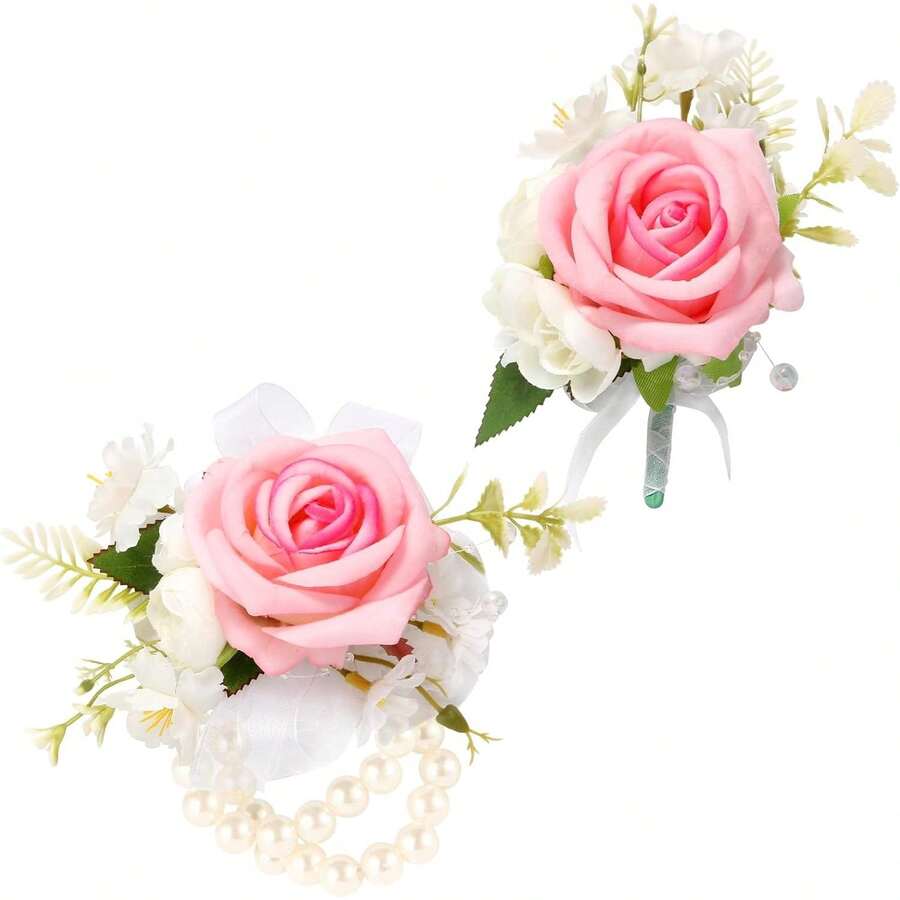 Wrist Corsage And Boutonniere Set, Artificial Rose Corsage Wristlet And Boutonniere For Wedding Prom Party - 蝴蝶粉紅胸花1朵&腕花1朵 - 查看 1
