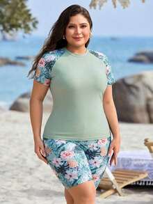 Conjunto de tankini de playa de verano para mujer con estampado tropical de plantas - Multicolor - Ver 4