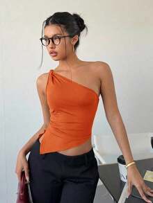 Top elegante de un hombro con un giro en color rojo burdeos delgado para mujer - Naranja - Ver 12
