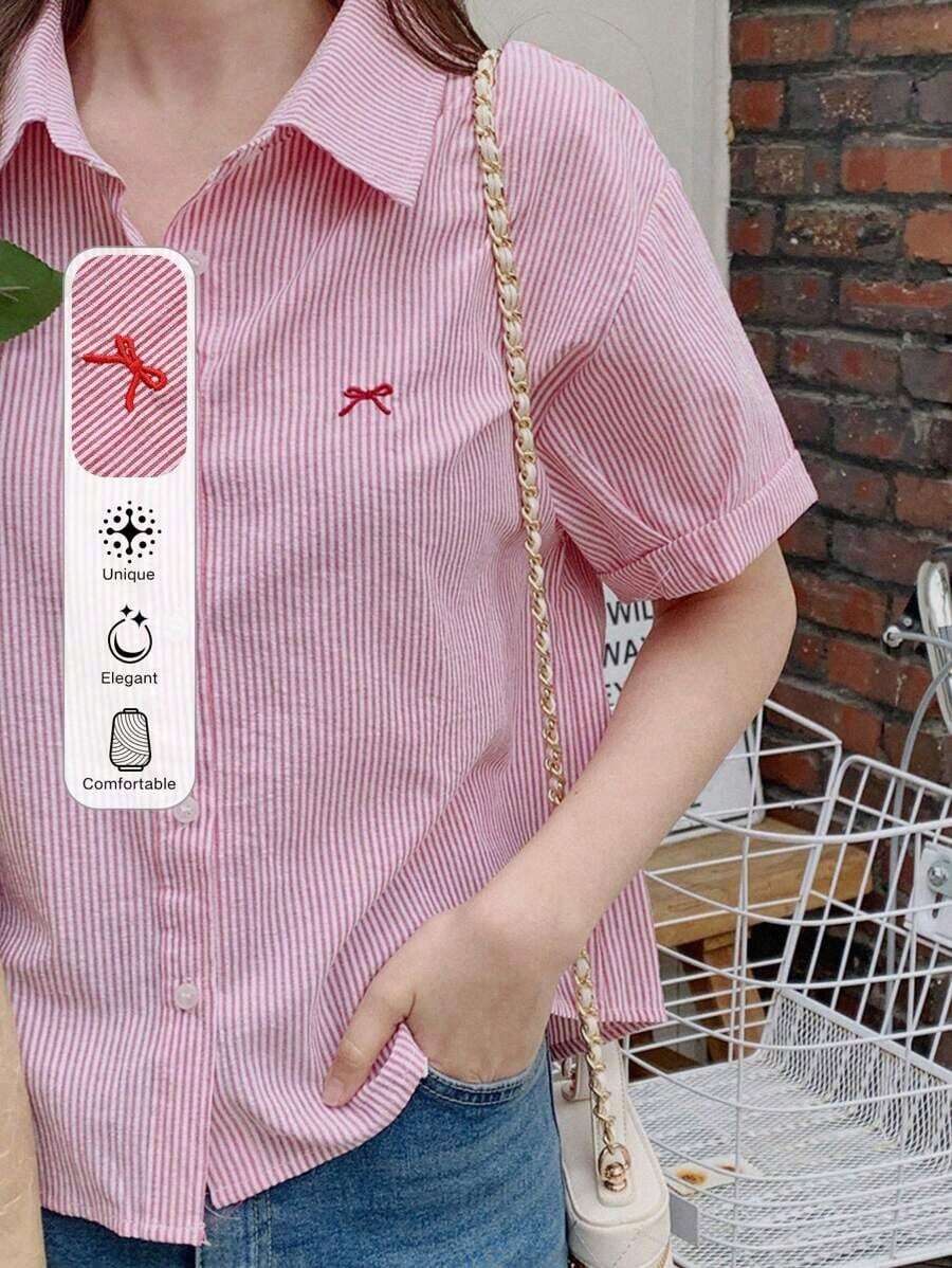 de manga corta con cuello de solapa bordada con lazo, para primavera y verano - Rosa - Ver 1