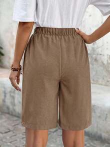 Bermudas, unicolor, con bolsillos laterales, corte holgado, longitud hasta la rodilla, cintura media, estilo básico - Caqui - Ver 2