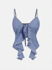 Blusa de verano informal para mujer con rayas y volantes en los tirantes - Azul - Ver 3