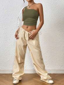 Top Sólido Del Color De La Mujer Sin Mangas Con Un Hombro Descubierto - Verde militar - Ver 5