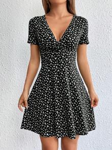 Vestido De Manga Corta Para Mujer Con Estampado Floral - Negro - Ver 5