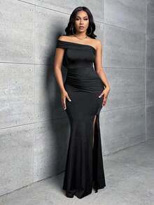 Vestido de un hombro de muslo con abertura - Negro - Ver 4