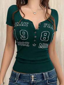 Camiseta de manga corta ajustada con estampado de letras estilo Y2K para mujer, casual para primavera/verano - Verde Oscuro - Ver 12