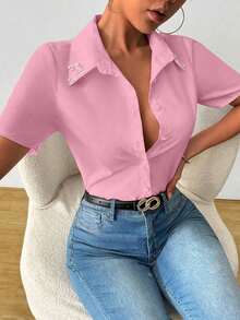 Camisa casual de oficina de unicolor de manga corta y abotonadura sencilla para mujer - Rosa - Ver 5