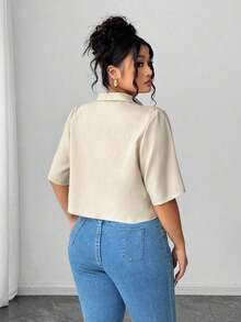 Blusa elegante corta con pliegues y lazo delantero para mujer - Camel - Ver 2