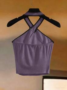 Blusa de cuello halter blanca con ribete negro.Ropa de playa, adecuada para otoño e invierno, uso casual en la oficina, versátil, Navidad, Año Nuevo, uso casual y elegante diario, atuendo profesional de maestro urbano - Morado - Ver 2