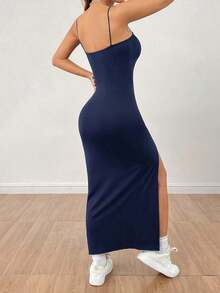Vestido largo negro de mujer con correa de abertura alta y unicolor - Azul marino - Ver 2