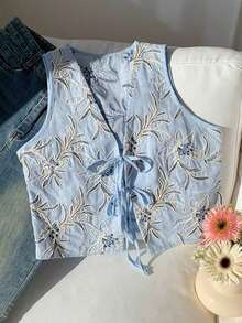 2026 Nuevo Top sin mangas con cuello en V, lazo delantero y bordado floral para mujer, ideal para vacaciones en la playa, uso casual, estilo Y2K de los 2000, primavera, graduación, fiesta de boda, vacaciones elegantes, San Valentín, carnaval, - Amarillo - Ver 3
