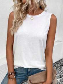 Camiseta de tirantes casual y versátil de unicolor y cuello redondo para mujer - Blanco - Ver 4