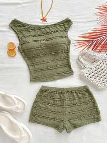 Conjunto de 2 piezas para vacaciones primavera/verano de mujer: Top corto asimétrico de hombro de punto a rayas rojas y blancas y shorts ajustados de tiro súper bajo, adecuado para fiesta, Navidad, San Valentín, cita, playa, crucero, carnaval, Pasc - Verde militar - Ver 9